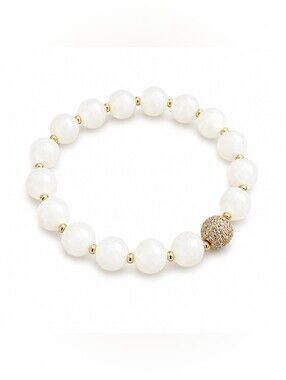White Jade Beaded Stretch Bracelet with Gold-Tone Crystal Accent Bead | Elegant